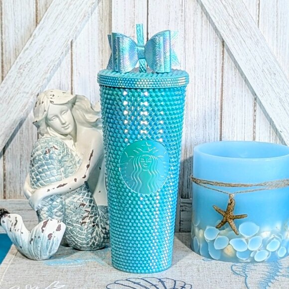 NWT Starbucks - Turquoise aka Blue Summer Bling Studded Venti - Indonesia  w/Bow - Picture 1 of 6